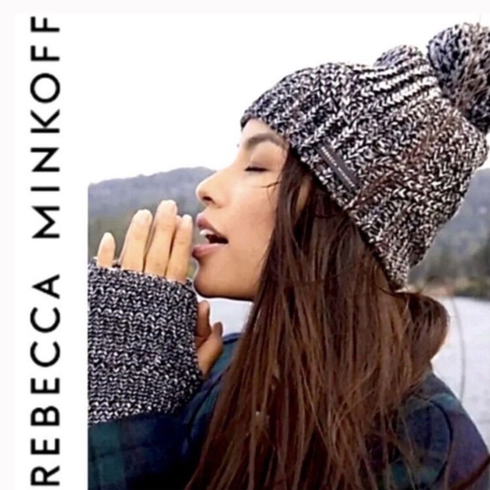 120 NWT Rebecca Minkoff Knit Pom Beanie Black White Hat And Arm Warmers